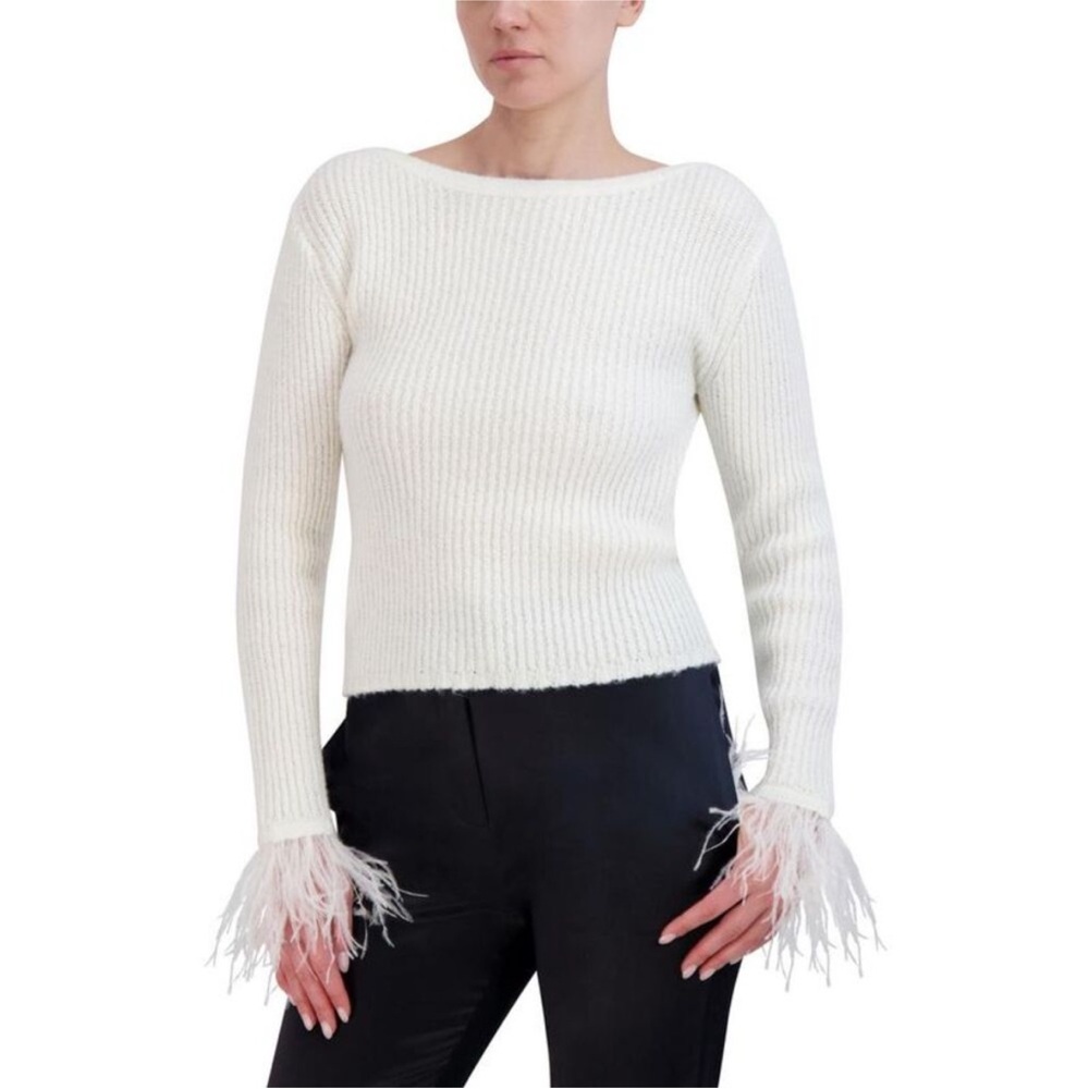 NWT! BCBGMaxAzria White Ribbed Knit Feathers Pullover Sweater